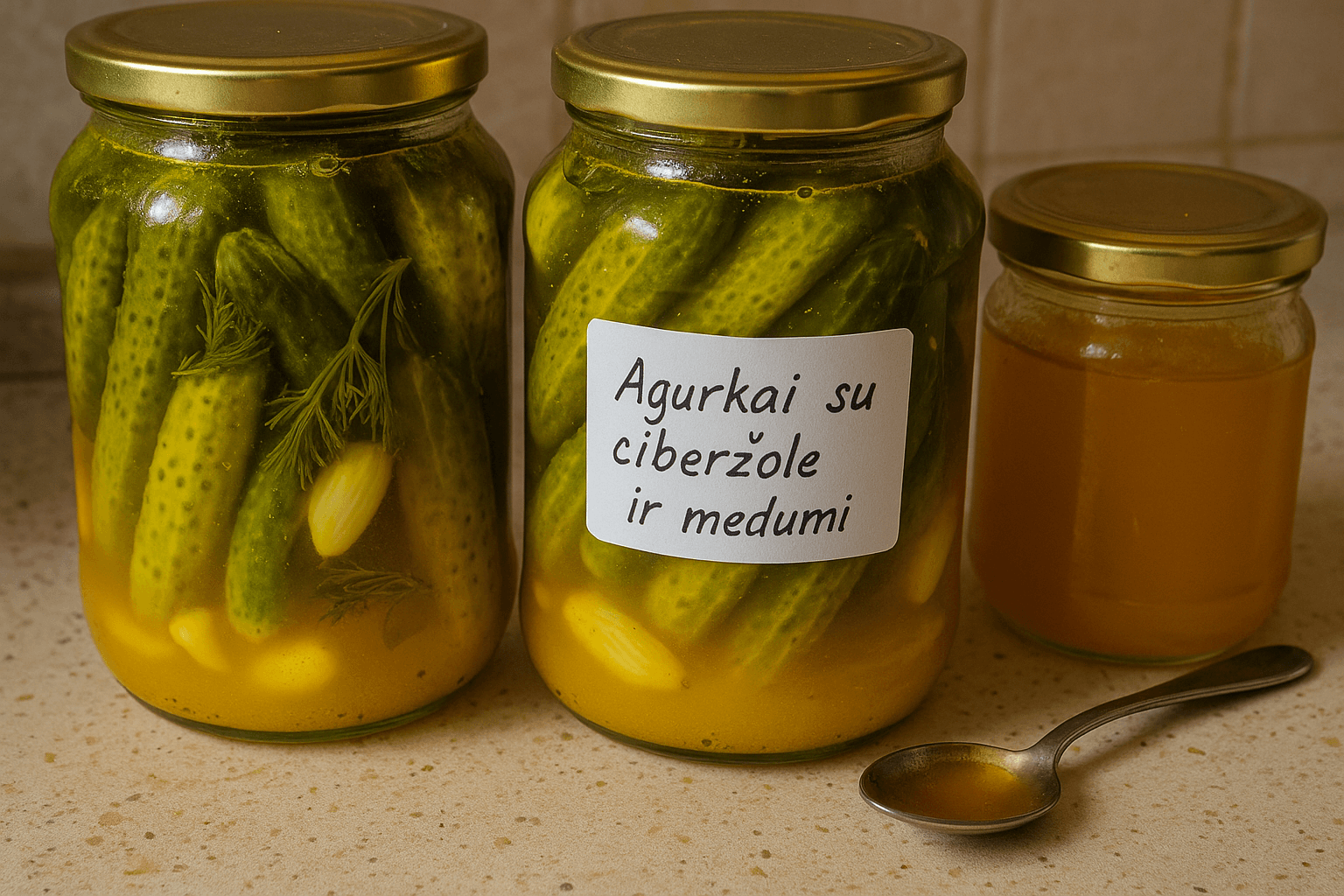 Agurkai žiemai su ciberžole ir medumi