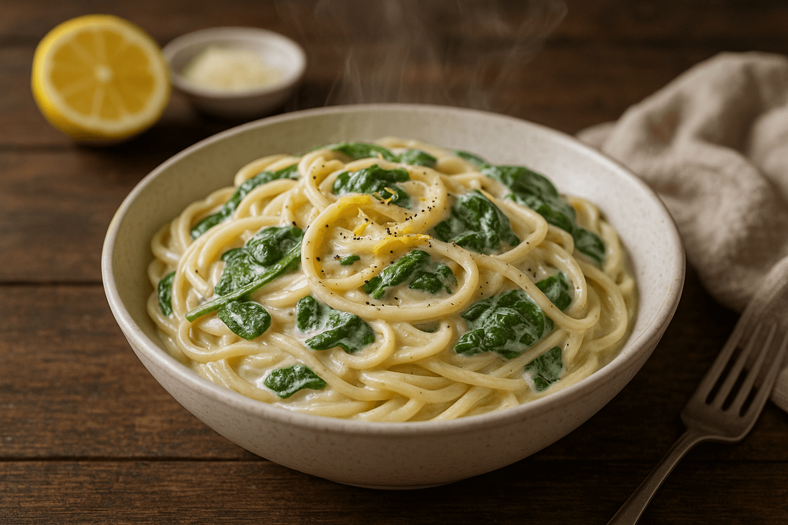 Lengvi makaronai su grietinėle ir špinatais