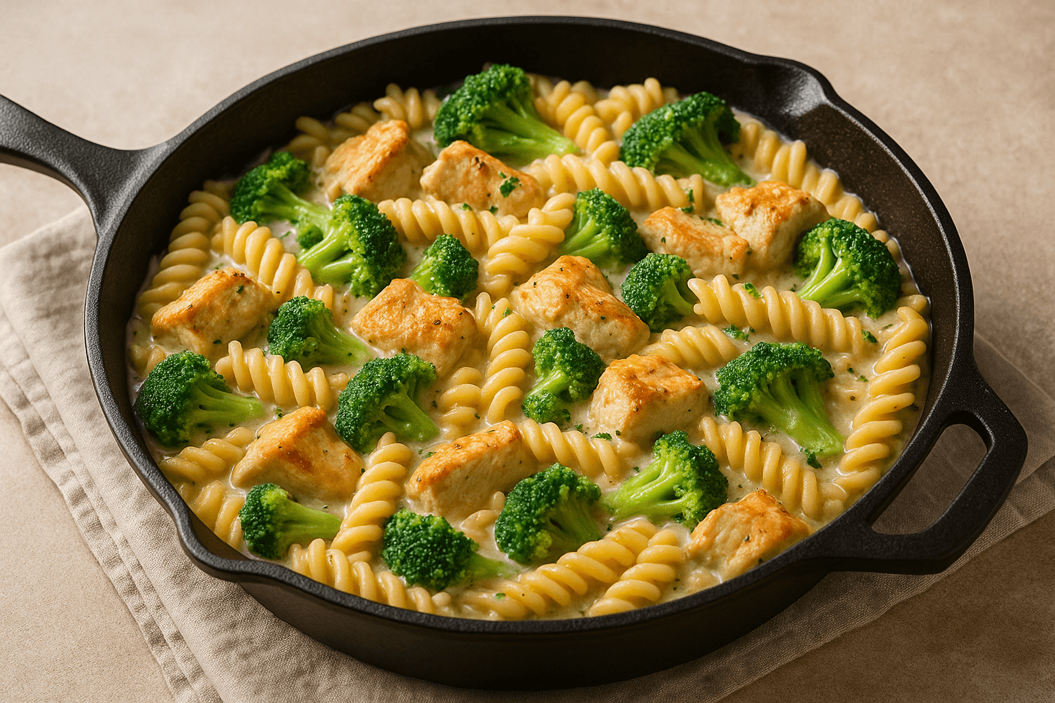 Makaronai su vištiena ir brokoliais vienoje keptuvėje