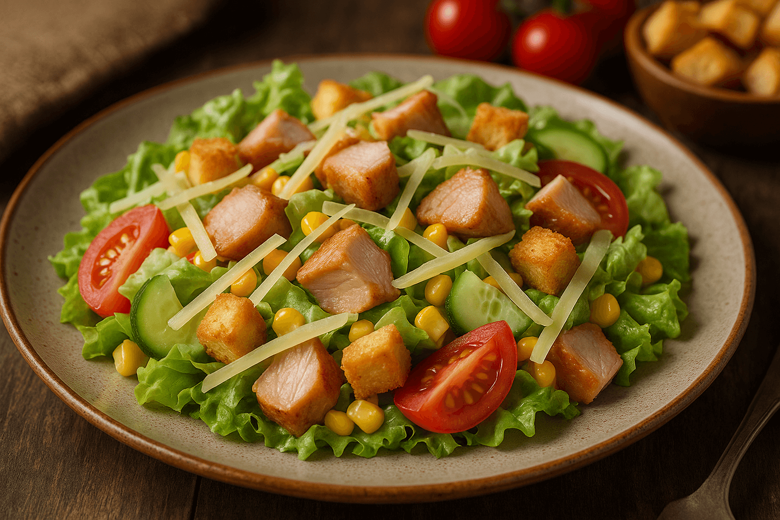 Mišrainė su rūkyta vištiena ir sūriu