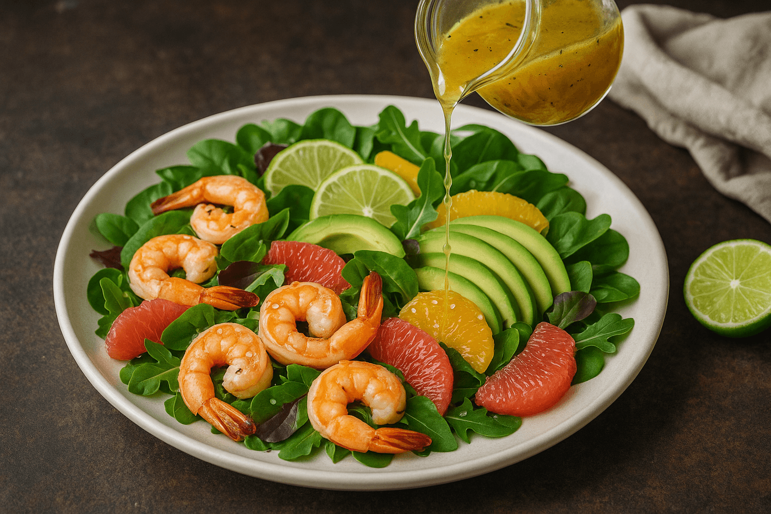 Salotos su krevetėmis ir citrusiniu padažu