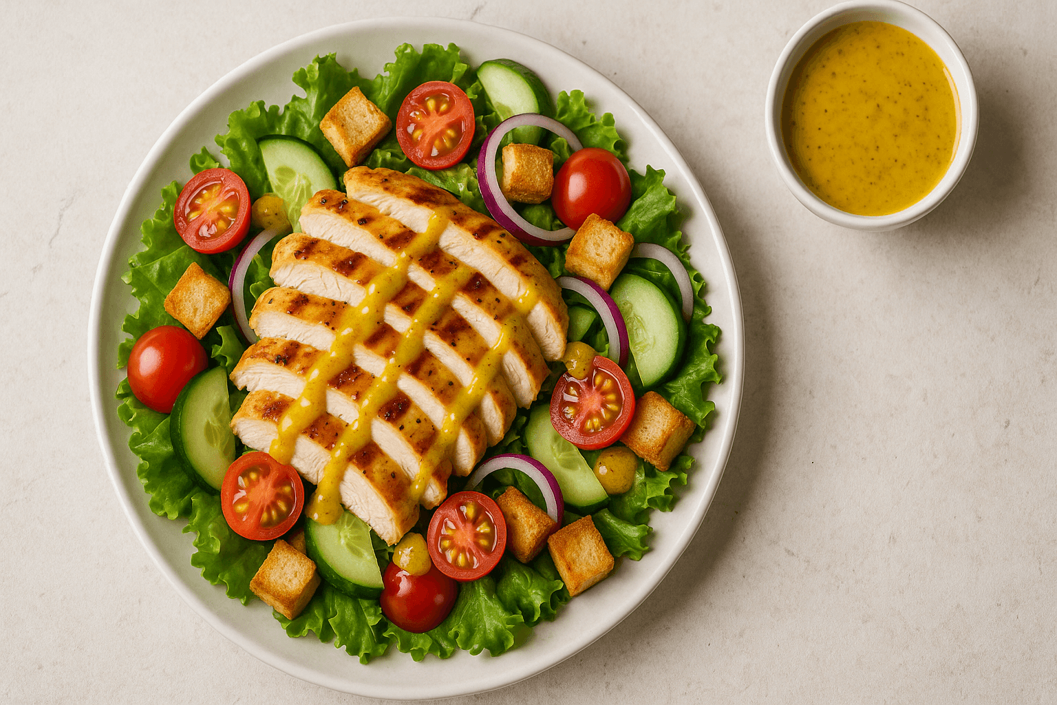 Salotos su vištiena ir garstyčių padažu