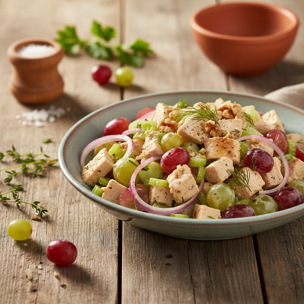 Gaivus ir lengvas vištienos salotų su vynuogėmis receptas vasaros pietums