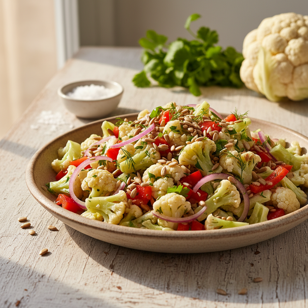 Gaivus ir maistingas žiedinių kopūstų salotų su saulėgrąžomis receptas – puikus pasirinkimas pietums ar vakarienei