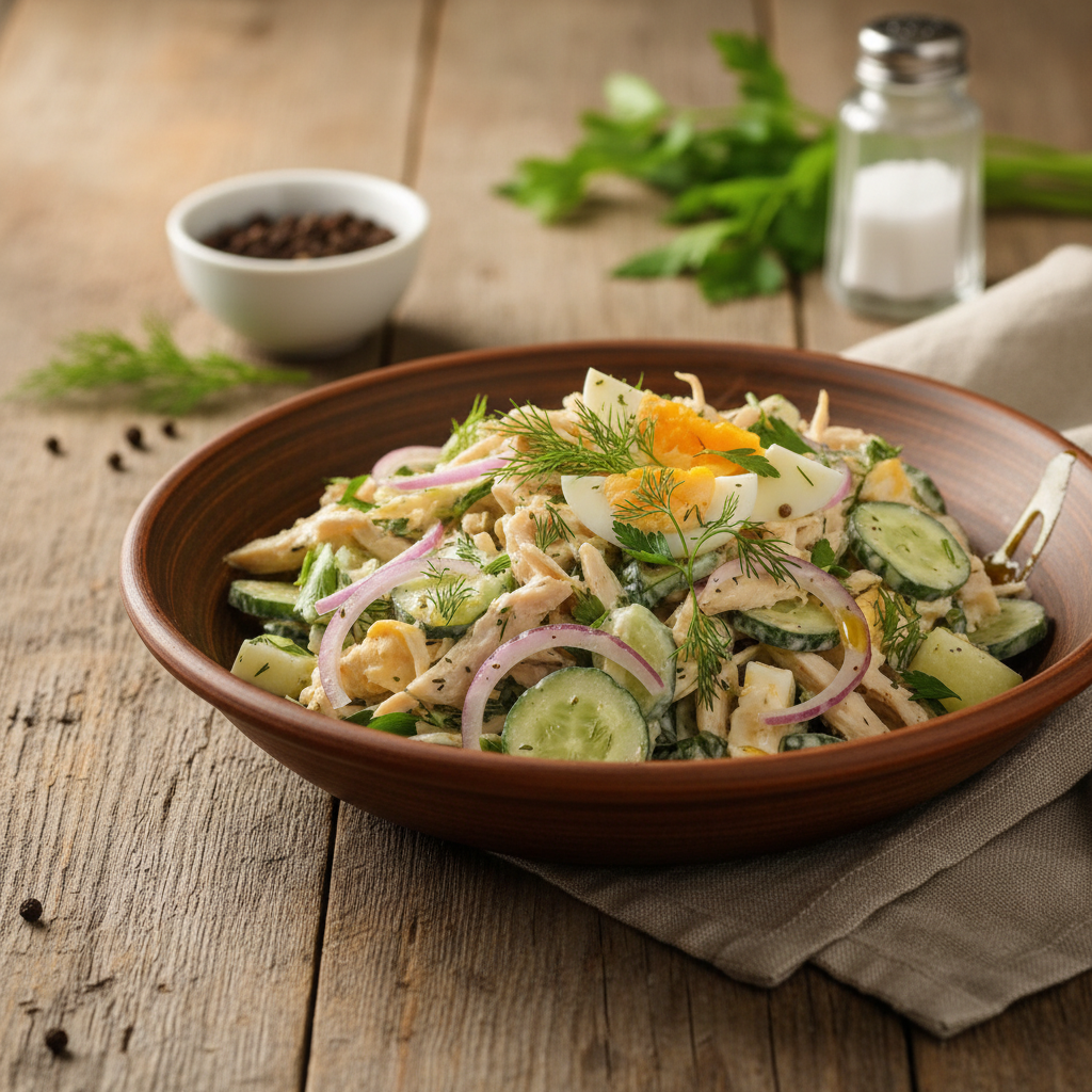 Greitai pagaminamas ir gardus rūkytos vištienos salotų receptas