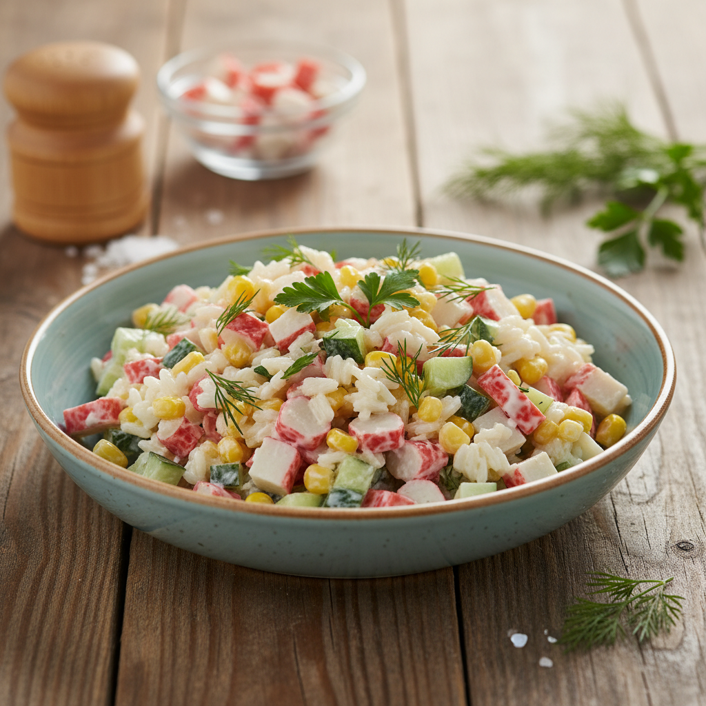 Greitai paruošiamas salotų su krabų lazdelėmis receptas, kuris patiks visai šeimai