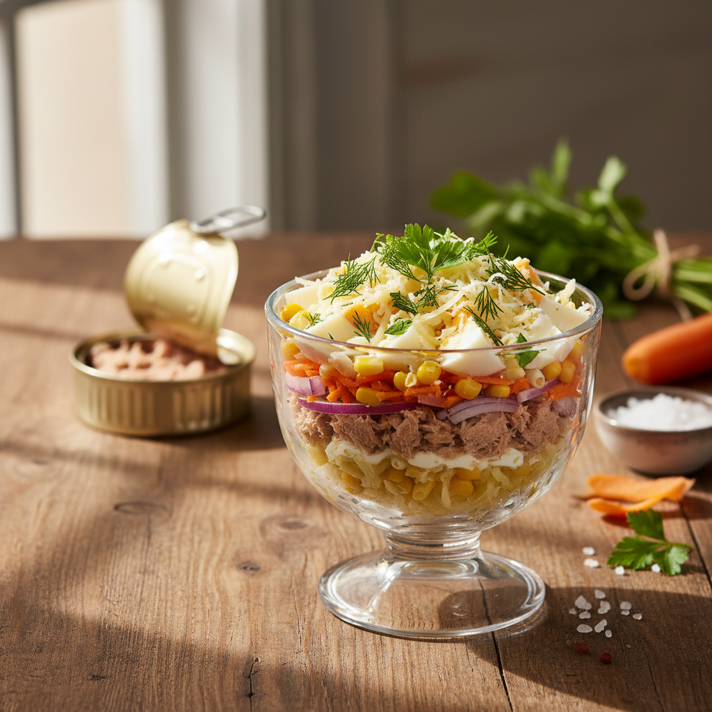 Greitai paruošiamas sluoksniuotų tuno salotų receptas, kuris nustebins savo skoniu