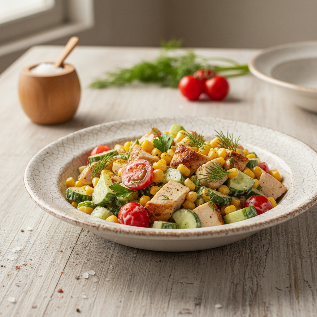 Greitos ir sočios salotos su rūkyta vištiena ir kukurūzais: receptas savaitės pietums