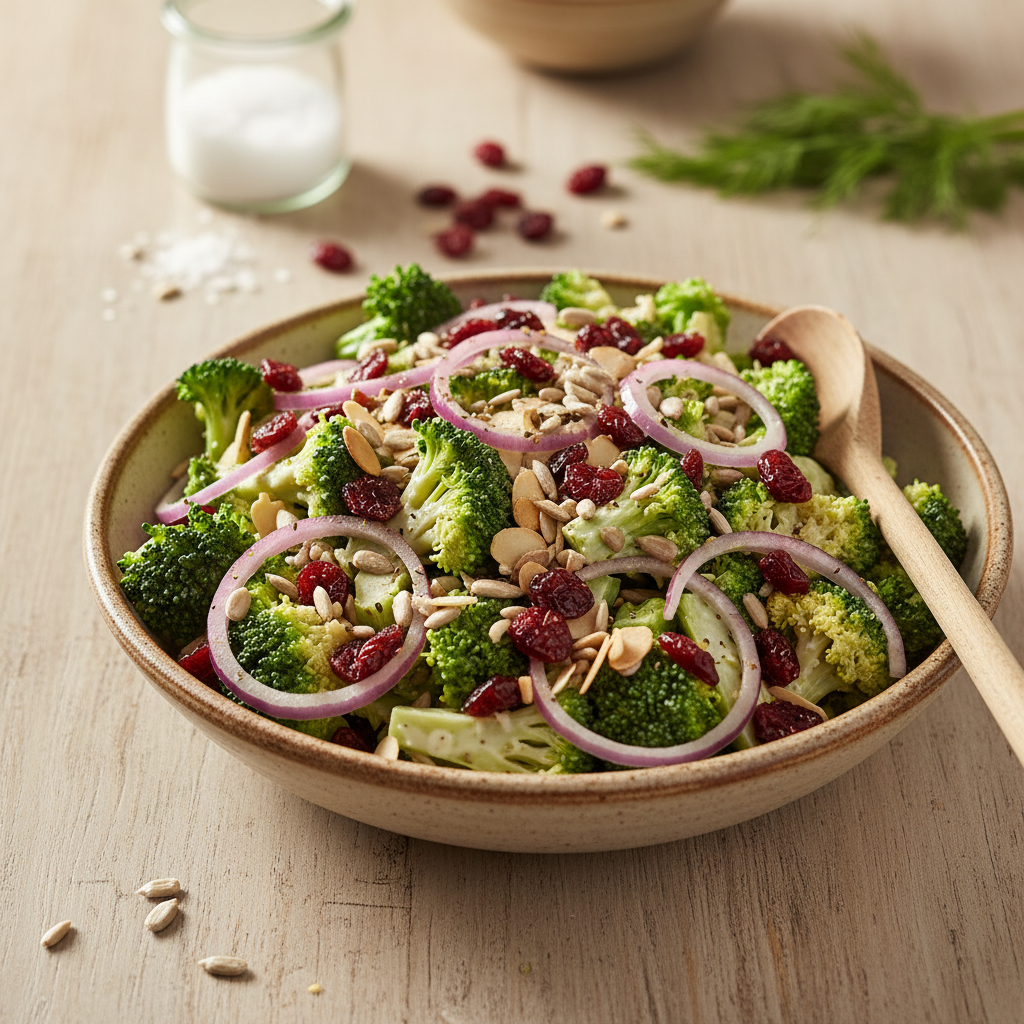 Lengvai paruošiamas brokolių salotų su spanguolėmis receptas, kuris nustebins savo skoniu