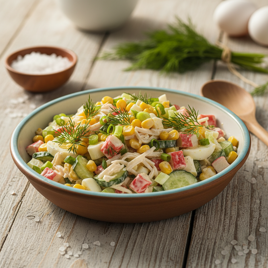 Lengvai paruošiamas krabų lazdelių mišrainės receptas, kuris nustebins kiekvieną svečią