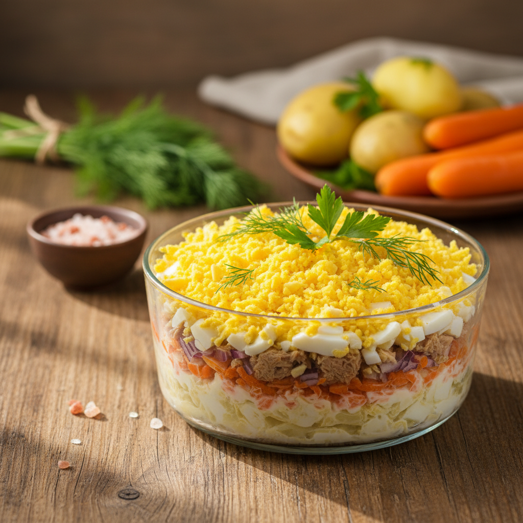 Lengvai paruošiamas mimozos salotų receptas: klasikinis skonis, kurį verta prisiminti