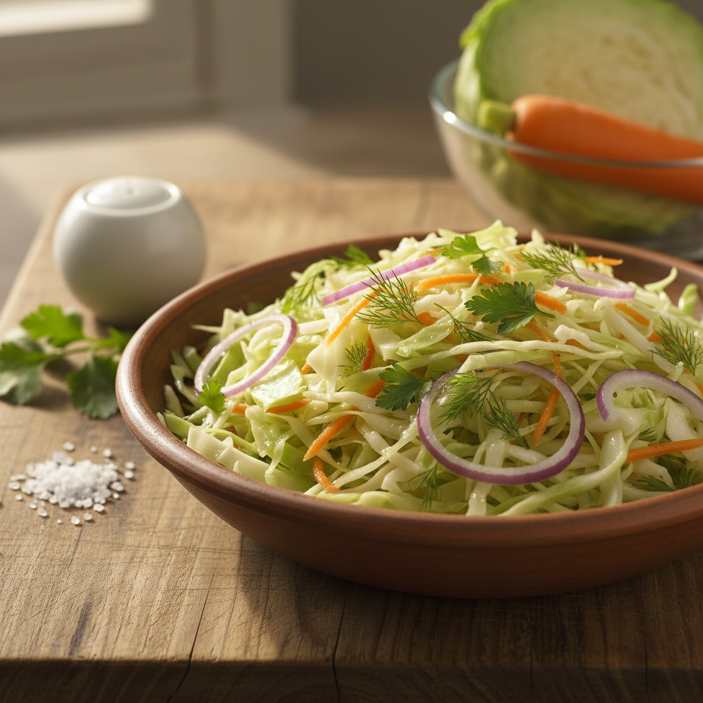 Lengvai paruošiamas saldžiarūgščių šviežių kopūstų salotų receptas – gaivus patiekalas kasdienai