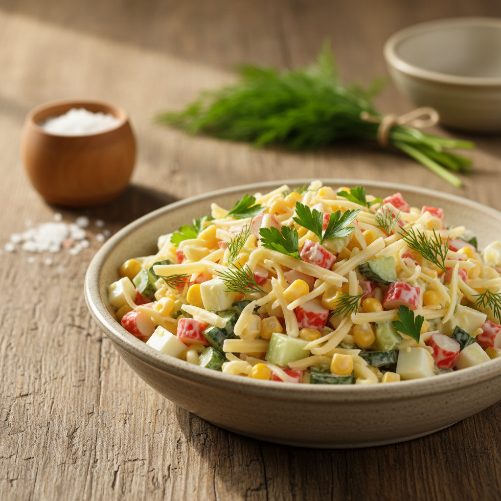 Lengvas ir gardus krabų lazdelių salotų su sūriu receptas, kuris patiks visai šeimai