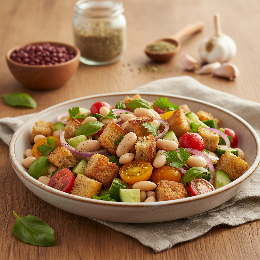 Lengvas ir skanus duonos ir pupelių salotų receptas vakarienei ar pietums