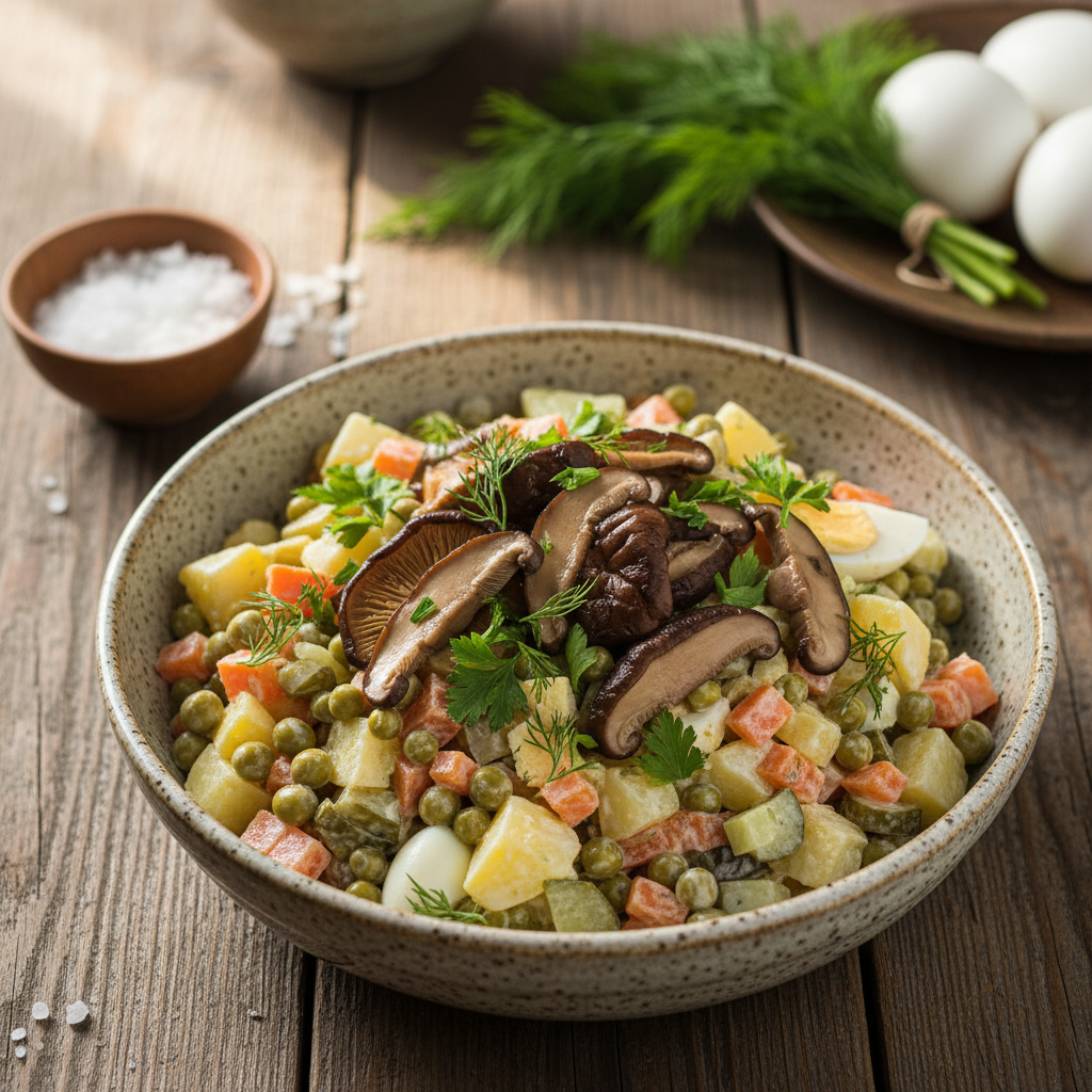 Nepaprastai gardžios idėjos: mišrainės su marinuotais pievagrybiais receptas, kuris nustebins savo skoniu