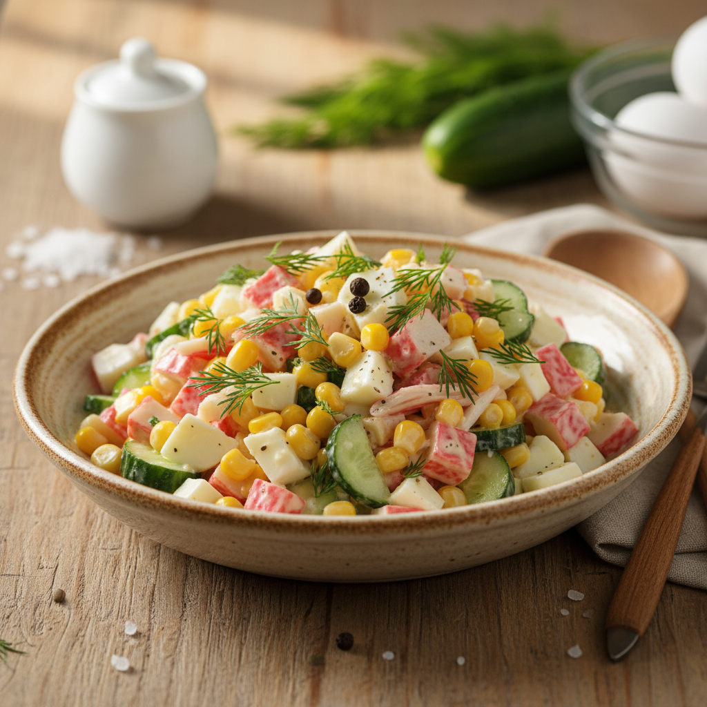 Paprasčiausias ir skaniausias krabų lazdelių salotų receptas jūsų vakarienei