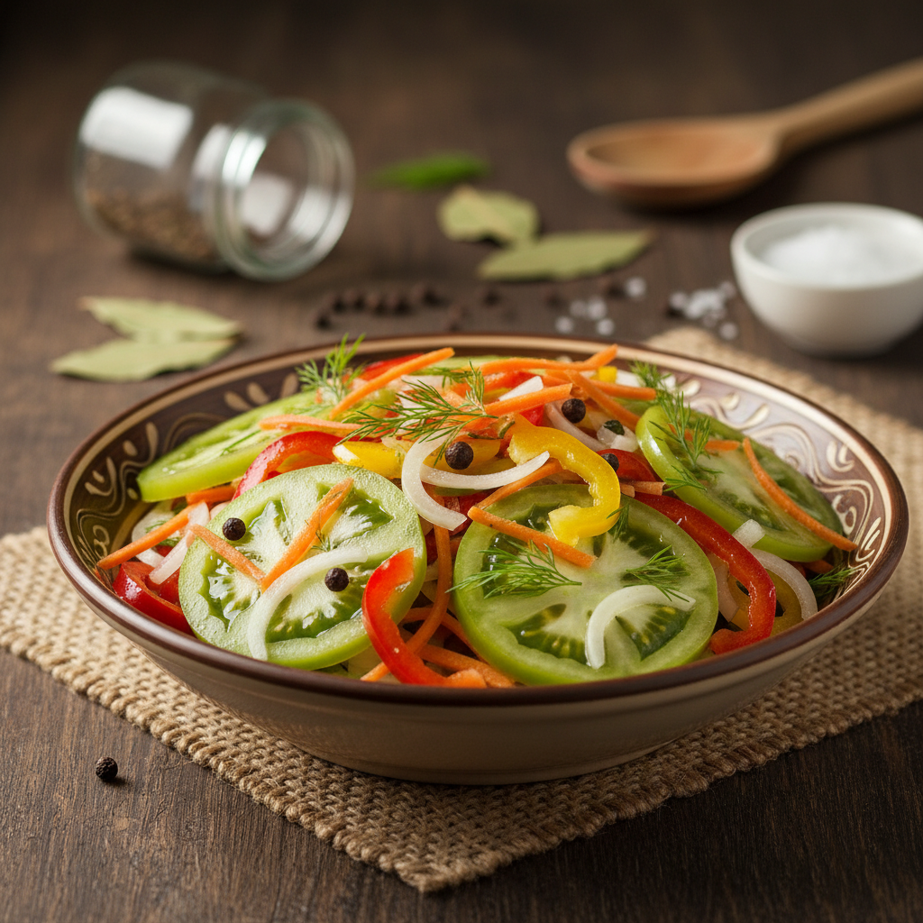 Paprastas ir skanus žaliųjų pomidorų salotų receptas žiemai