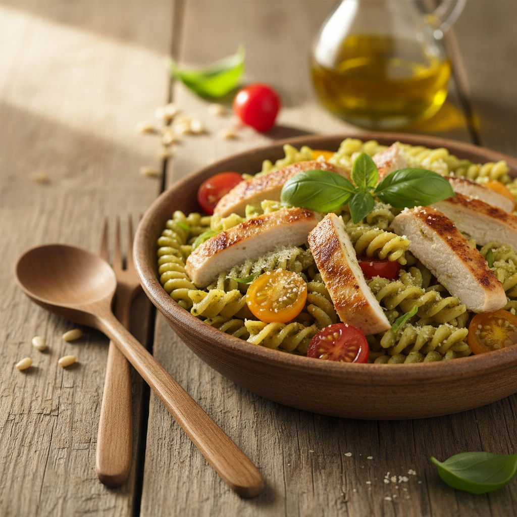 Greita ir gardi vakarienė: makaronai su pesto bei vištiena