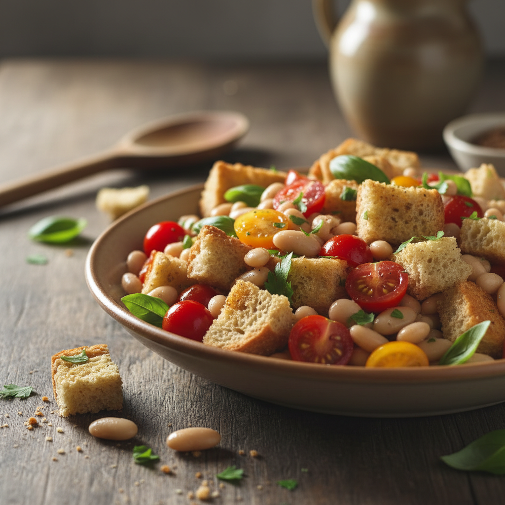 Greita vakarienė: sočios duonos ir pupelių salotos