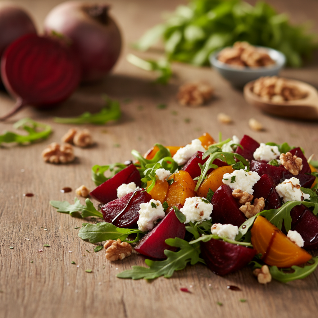 Tobula vakarienė: keptų burokėlių ir ožkos sūrio salotos