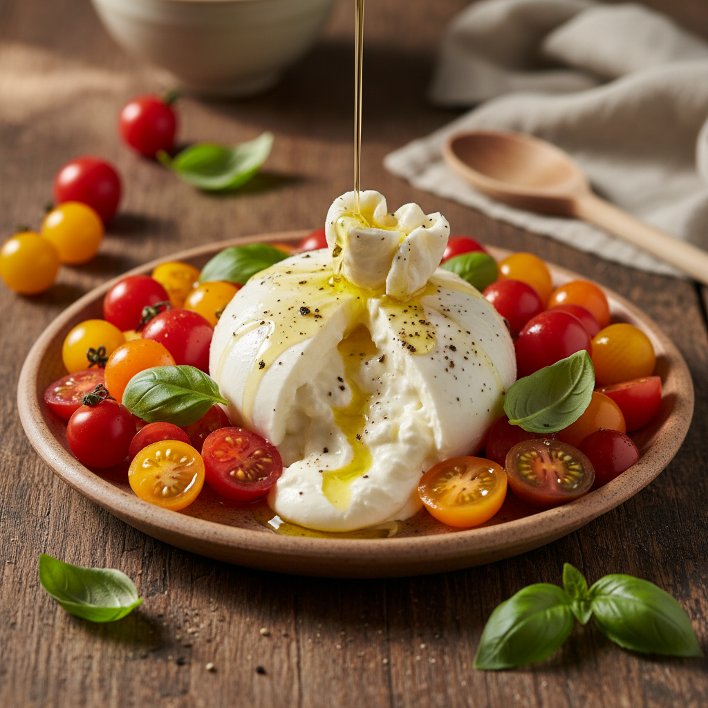 Burrata su pomidorais: itališkas skonis per kelias minutes