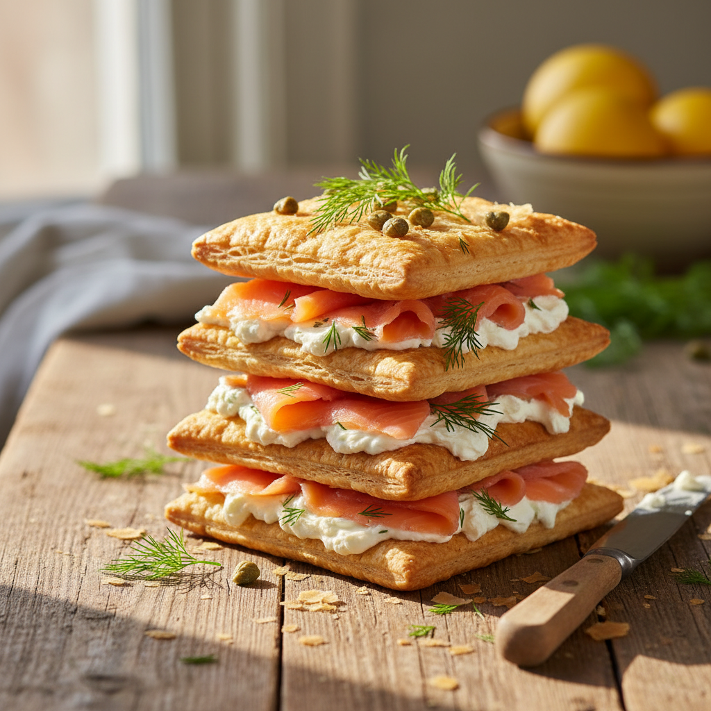 Originalus lašišos tortas iš Napoleono lakštų: nustebinkite